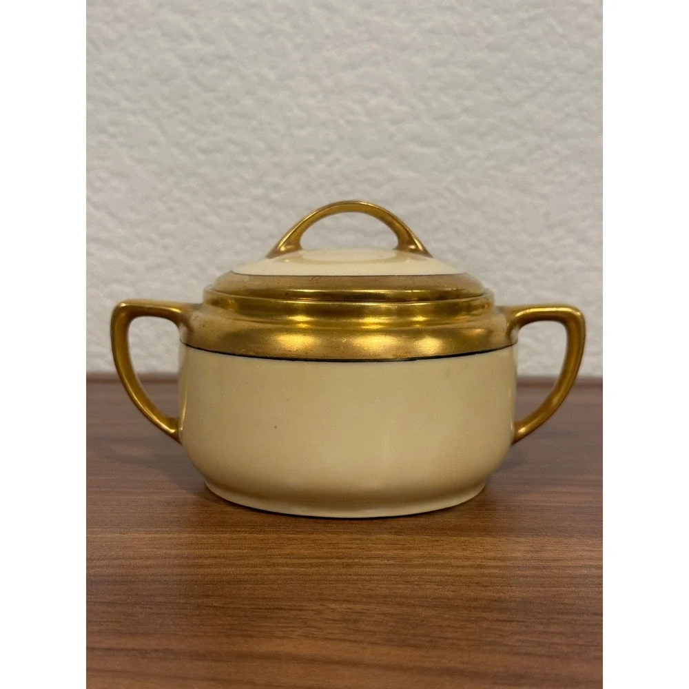 VTG 1940s Germany F.D. Husf Cream Gold Gilding Trim Sugar Bowl Lid & Creamer Set